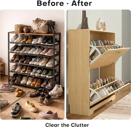 Nicetree Shoe Cabinet with 2 Flip Drawers, Narrow Shoe Organizer Cabinet, Freestanding Shoe Rack Cabinet, Modern Shoe Storage Cabinet for Entryway, Hallway, Foyer Natural Oak with Hook
