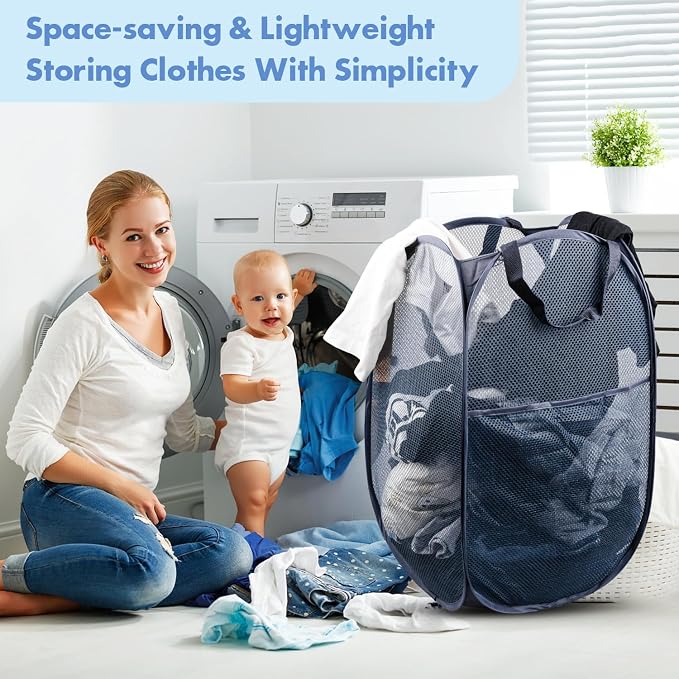 DUCOO Pop Up Laundry Hamper, 70L Collapsible Mesh Laundry Basket with Side Pocket, Foldable Dirty Clothes Hamper with Sturdy Reinforced Handles for Home Dorm Bedroom Travel Storage, Blue, 2Pack
