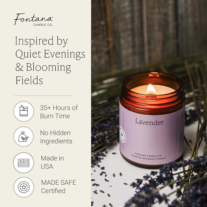 Fontana Candle Co Wood Wick Beeswax Jar Candles, Lavender - Made with Coconut Oil & Pure Essential Oils – Clean Burn, Long Lasting and Non-Toxic Candles for Home & Room Decor