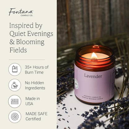 Fontana Candle Co Wood Wick Beeswax Jar Candles, Lavender - Made with Coconut Oil & Pure Essential Oils – Clean Burn, Long Lasting and Non-Toxic Candles for Home & Room Decor
