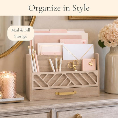 BLU MONACO | Wooden Mail Organizer with Drawer and Gold Handle | Outgoing Mail Holder and Letter Sorter for Desk | Natural Wood Desktop Paper Organizer
