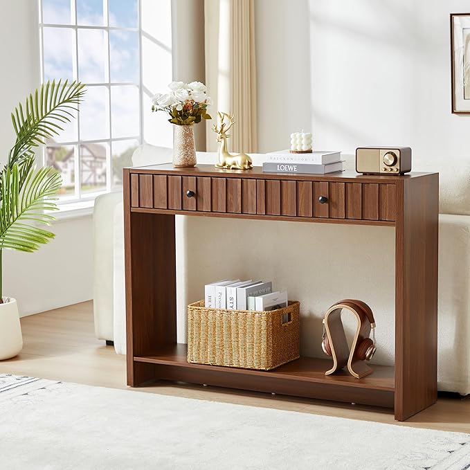 Console Table with Drawers, Narrow Mid-Century Fluted Entryway Table Sofa Table with Storage Shelf, Wood Entry Table Accent Behind Couch Table for Entrance, Hallway, Living Room (Walnut)