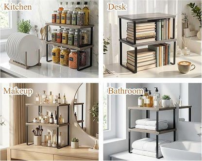 Marsui 4 Pcs Kitchen Organizer Accessories Set Cabinet Organizer Shelf and Bamboo Dish Drying Plate Rack Counter Shelves Storage Holder for Spice Rack, Dish, Pot Lid, Bowl, Cup (Gray)