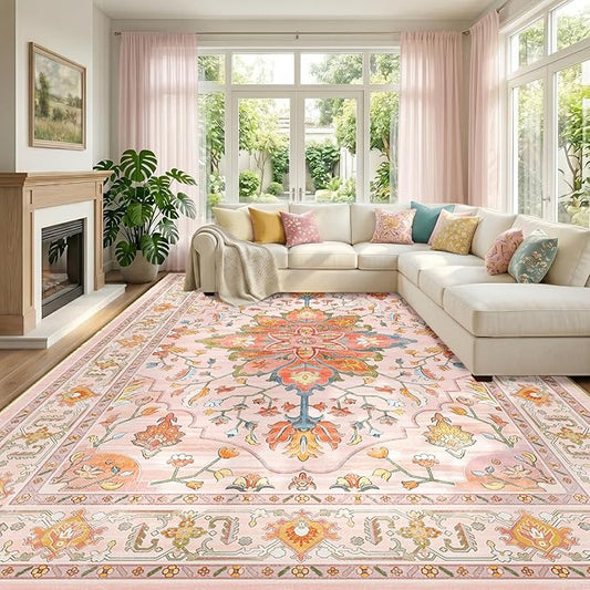 RELEANY Area Rugs Large 10'x12' Washable Non-Slip, Floral Vintage Distress Medallion Carpet for Living Room Bedroom Dining Room, Light Pink Colorful