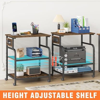 YAOHUOO 3 Tier Large Printer Stand with Power Outlet/Adjustable Shelf | 22"x15" Large Top,Fit 2-3 printers,Rolling Cart with Wheels,Table for Home Office,Fit 3D Printer/Heat Press/Laser,Brown