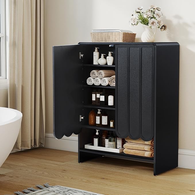ORRD Shoe Storage Cabinet with Scalloped Doors, 5-Tier Wooden Shoe Cabinet with Adjustable Shelves, Shoes Rack Storage Organizer for Entryway, Hallway, Living Room, Black