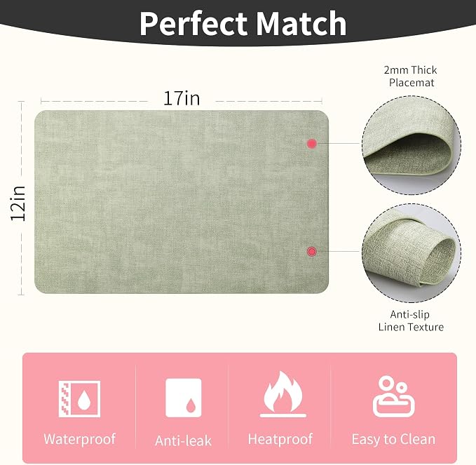 Maxpearl Faux Leather Placemats Set of 8 – Waterproof, Wipe Clean, Heat Resistant, Non-Slip Dining Table Mats for Indoor & Outdoor Use, 17”×12”, Sage Green