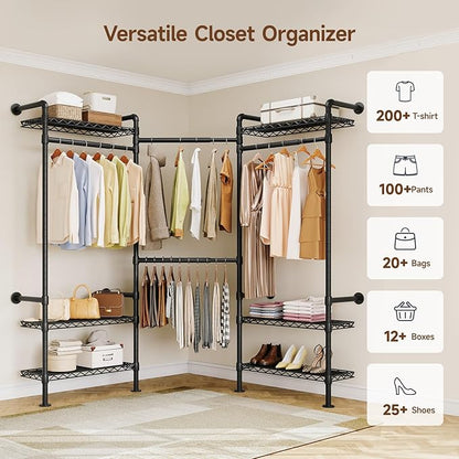 L3 Industrial Pipe Closet Organizer System, Wall Mounted Clothes Rack Clothing Racks with 4 Telescopic Rods & 6 Shelves , Heavy Duty Closet System in Wardrobe Closet (Black)