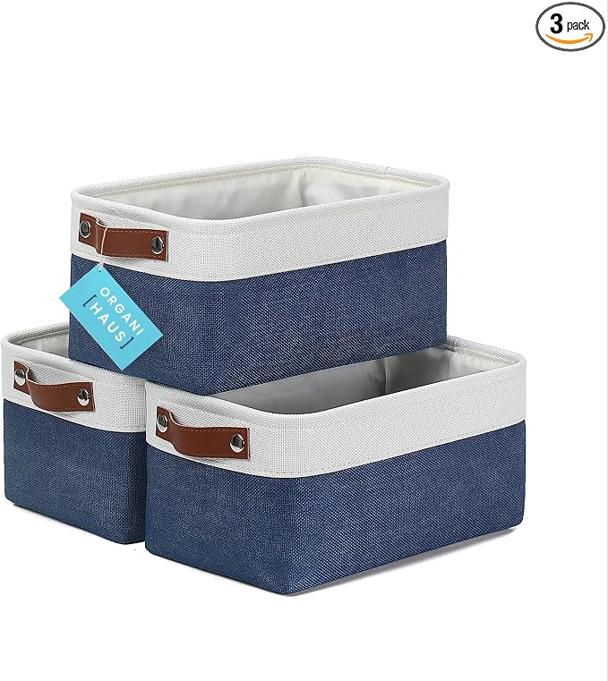 OrganiHaus 12x8in Canvas Storage Baskets 3 Pack | SMALL Fabric Bins for Shelves | Pantry & Bathroom Organizer | Navy Blue/Off-White