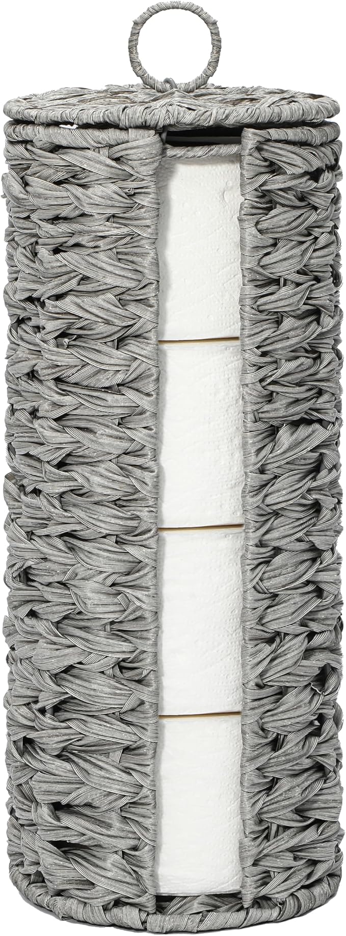 4 Mega Rolls Extra Toilet Paper Storage with Lid, Waterproof Plastic Wicker Toilet Paper Holder Basket Stand, Decorative Boho Covered Enclosed Toilet Tissue Organizer for Bathroom, Grey