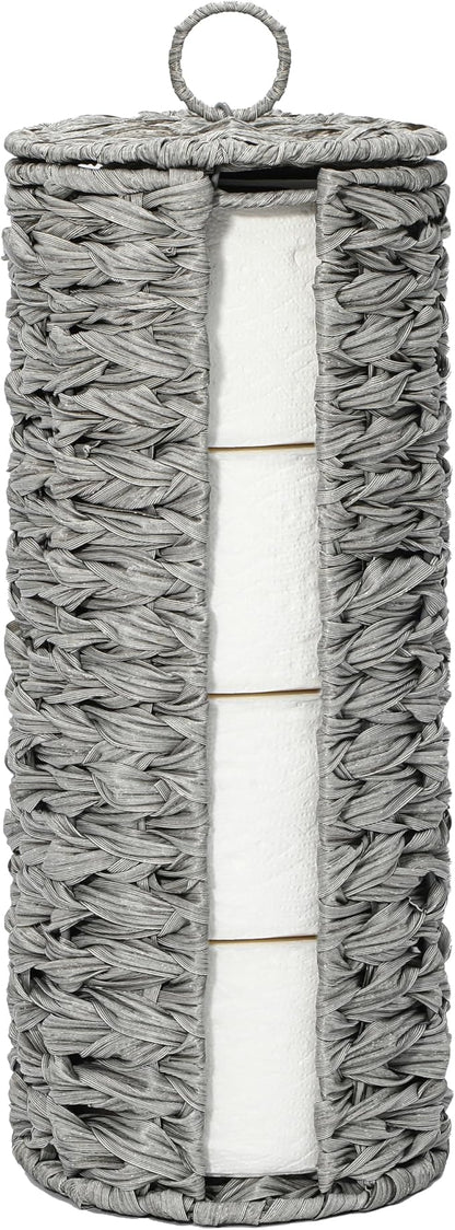 4 Mega Rolls Extra Toilet Paper Storage with Lid, Waterproof Plastic Wicker Toilet Paper Holder Basket Stand, Decorative Boho Covered Enclosed Toilet Tissue Organizer for Bathroom, Grey