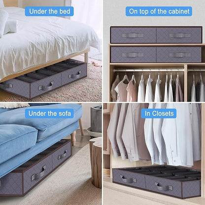 Under Bed Shoe Storage Organizer, Set of 2, Sturdy Structure, Adjustable Dividers, Reinforced Handle, Sturdy Zipper, Underbed Storage Solution with Clear Window, Breathable, Gray