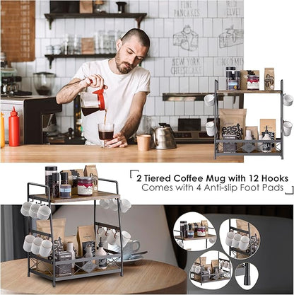 LOTEYIKE 2 Tier Coffee Cup Holder for Countertop, Coffee Mug Organizer with 12 Hook, Coffee Mug Holder, Metal Coffee Mug Shelf for Coffee Bar Kitchen, Black