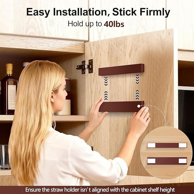 9.5” Large Acrylic Straw Holder for Cabinet Door, Reusable Adjustable Two-Part Straws Organizer with Ultra Sticky Adhesive Strips, 2026 Straw Storage for Kitchen Cupboard (Brown)
