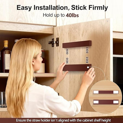 9.5” Large Acrylic Straw Holder for Cabinet Door, Reusable Adjustable Two-Part Straws Organizer with Ultra Sticky Adhesive Strips, 2026 Straw Storage for Kitchen Cupboard (Brown)