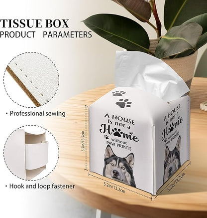 Grace Yonks Cute Husky Tissue Box Cover Square, Husky Dog Cube Case for Facial Tissues, 5.2" PU Leather(036)