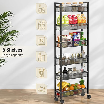 ThreeHio 6 Tier Slim Storage Cart, Narrow Cart with Wheels, Metal Mobile Shelving Unit Organizer for Kitchen, Bathroom, Laundry Room, Living Room & Narrow Spaces, Black, 6in(W)