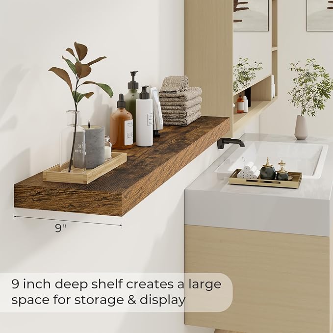 Dreamland 48 inch Floating Shelves for Wall Large Wall Mounted Shelves with Invisible Brackets, Brown Long Shelves for Bathroom, Living Room, Kitchen, Office, 48x9.1 inch deep Set of 2