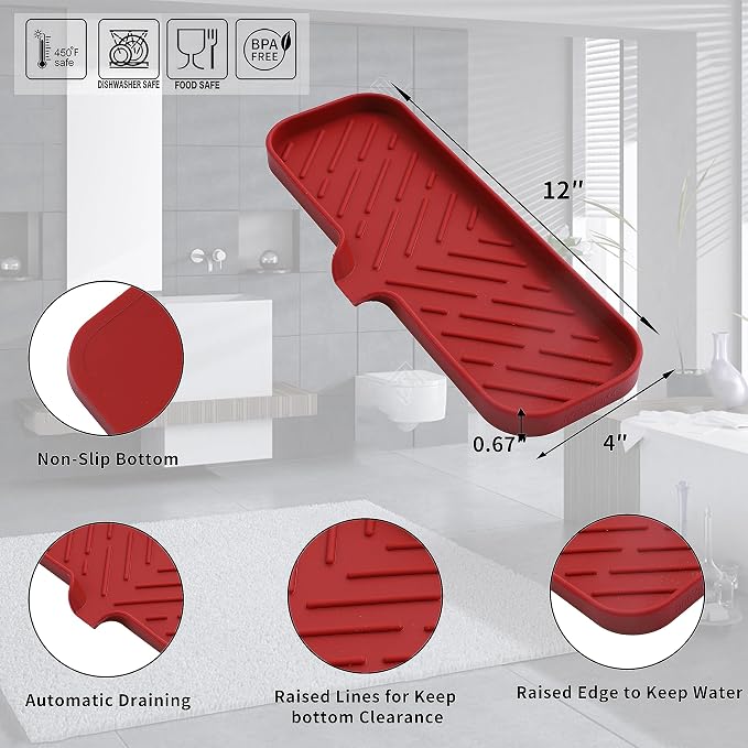 MicoYang Silicone Soap Dish with Drain Spout — Self-Draining Double Sink Organizer Tray for Kitchen & Bathroom, Dispensers, Sponges & Soap Holder, Non-Slip & Dishwasher Safe, Red (Large, 12"×4")