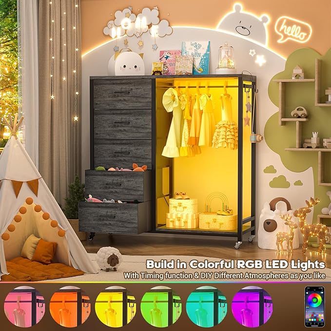 Cyclysio Dresser with Hanging Rack, 5 Fabric Drawers Dresser with Clothes Rack, Wooden Top Storage Chest of Drawers with Charging Station & LED Lights, Lockable Wheels, Closet