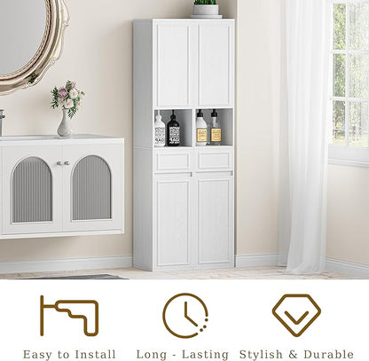 Tall Bathroom Storage Cabinet, Wall Mounted or Floor Mounted,Narrow Slim Wall Cabinet with 2 Door, 1 Drawer, Open Shelf for Living Room, 11.81" D x 11.81" W x 65" H (Embossed White, 2 PCS)