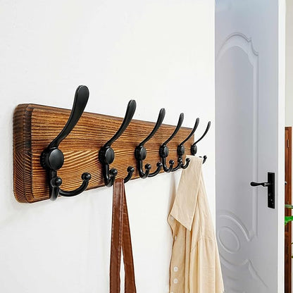 Dseap Coat Rack Wall Mounted - 24" Long 6 Tri Hooks, Heavy Duty Wooden Wall Coat Hanger Coat Hook for Clothes Hat Jacket Clothing, Natural and Black