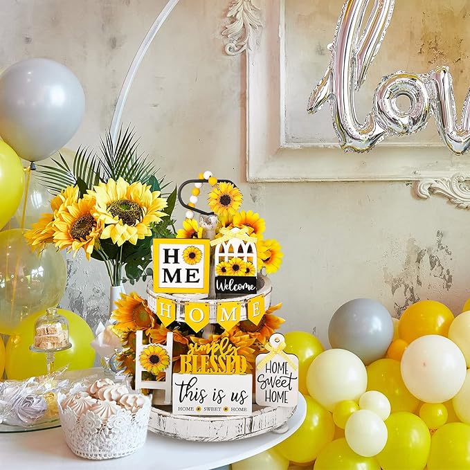 11 Pcs Sunflower Tiered Tray Decor Summer Rustic Home Farmhouse Tiered Tray Decorations Set Wooden Signs Vintage Farm Animal Farmhouse Tabletop Wood Signs for Kitchen Table Shelf Decor