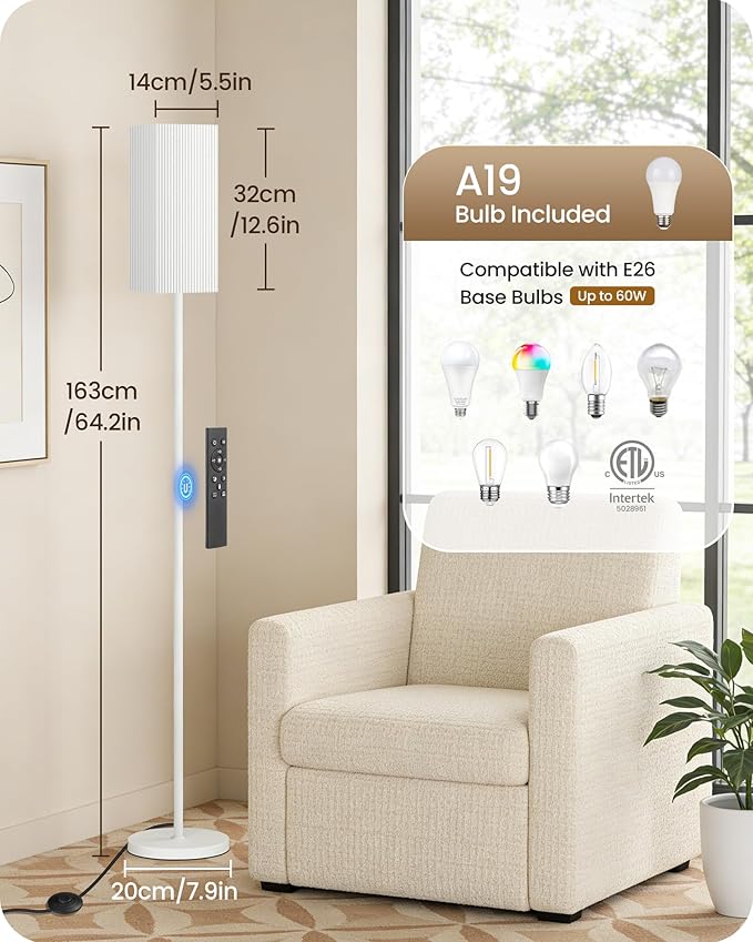 64.2” Dimmable Floor Lamp for Living Room with Remote and Foot Switch, Corner Floor Lamp for Bedroom, Includes 10W A19 Bulb, Modern Standing Tall Lamp, ETL Listed, White WCW17LD05