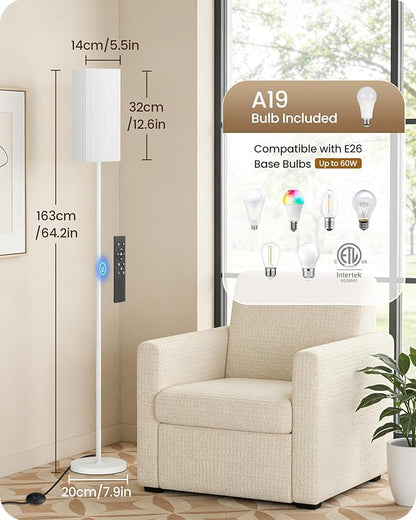 64.2” Dimmable Floor Lamp for Living Room with Remote and Foot Switch, Corner Floor Lamp for Bedroom, Includes 10W A19 Bulb, Modern Standing Tall Lamp, ETL Listed, White WCW17LD05