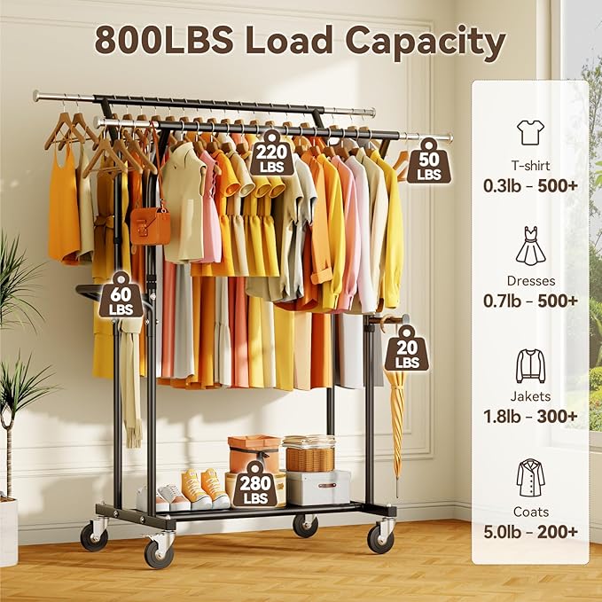 800LBS Heavy Duty Clothes Rack: Rolling Clothing Rack for Hanging Coat Double Rods Portable Wardrobe Garment Racks with Wheels Shelf Sturdy Metal Adjustable Bedroom Laundry Living Room