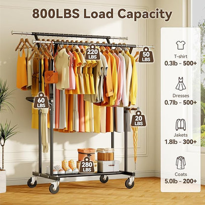 800LBS Heavy Duty Clothes Rack: Rolling Clothing Rack for Hanging Coat Double Rods Portable Wardrobe Garment Racks with Wheels Shelf Sturdy Metal Adjustable Bedroom Laundry Living Room