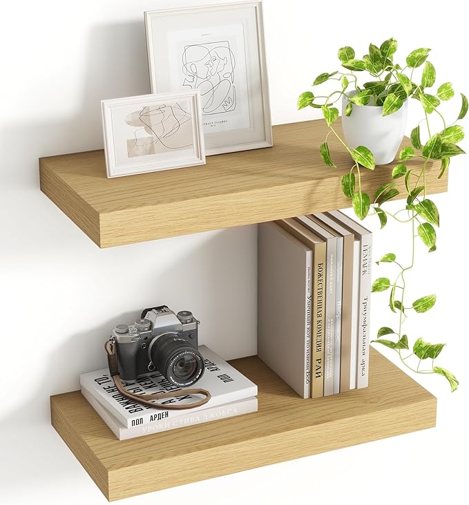 Acovy 16 Inch Floating Shelves, 8 Inch Deep Floating Shelves for Wall, Hanging Shelf with Invisible Brackets, Deep Shelves for Bathroom, Bedroom, Living Room, Oak, Set of 2