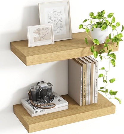 Acovy 16 Inch Floating Shelves, 8 Inch Deep Floating Shelves for Wall, Hanging Shelf with Invisible Brackets, Deep Shelves for Bathroom, Bedroom, Living Room, Oak, Set of 2