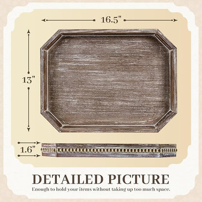 Wooden Decorative Tray, Rustic Serving Tray with Wood Bead, Farmhouse Big Tray for Ottoman, Countertop, Coffee Tabl, 16.5" x 13"x 1.6" (Retro Brown)