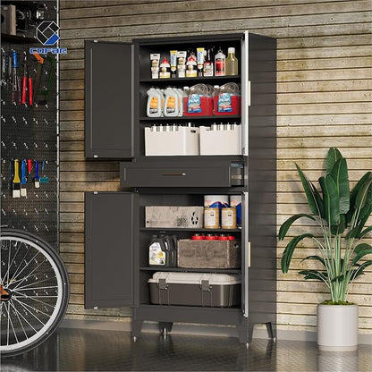 COFaR 71 in Tall Kitchen Pantry Cabinet, Metal Pantry Storage Cabinet with 4 Adjustable Shelves and 4 Barn Doors, Freestanding Farmhouse Food Cupboard for Dining Room Garage, Black 6-Tier