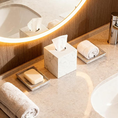 N NANSHOP Natural Marble Tissue Box Holder Cover, Square Cube Tissue Box Holder with Open Bottom for Bathroom Vanity Tops, Bedroom Dressers, Kitchen Countertop, White Tissue Box(NS021)