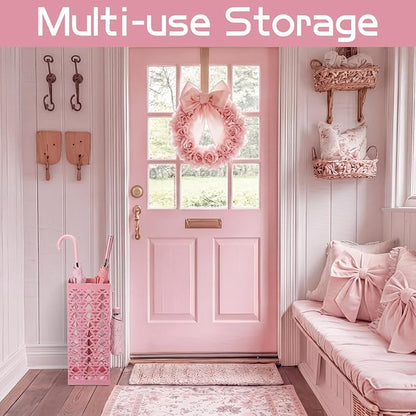 Hicarer Pink Bow Umbrella Stand Metal Umbrella Holder with Removable Drip Tray & 4 Hooks for Entryway Cute Coquette Square Freestanding Walking Sticks Storage Bin for Home Hallway, 16 x 6.3 x 6.3 Inch