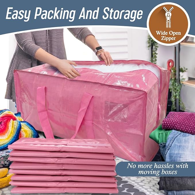 6 Pack Extra Heavy Duty Large Moving Bags with Strong Zipper & Comfortable Handles, Sturdy & Durable Clothes Storage Bags Totes Bins, Packing Moving Boxes for College Supplies, Pink