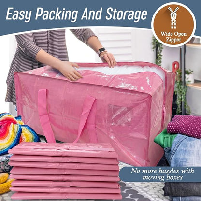 6 Pack Extra Heavy Duty Large Moving Bags with Strong Zipper & Comfortable Handles, Sturdy & Durable Clothes Storage Bags Totes Bins, Packing Moving Boxes for College Supplies, Pink