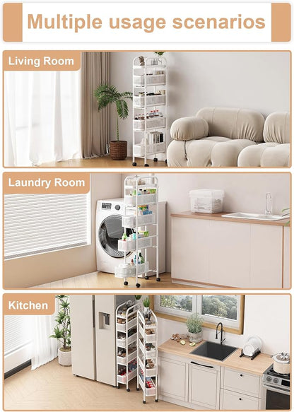 UMDONX Slim Storage Cart 5 Tier with Pull Out Basket Bathroom Organizer Rolling cart, Rolling Utility Cart Slide Out Organizer for Kitchen, Bathroom, Laundry White