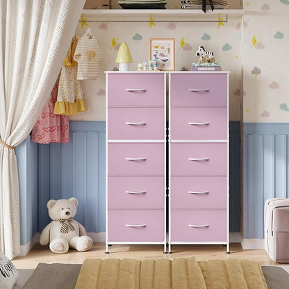 WLIVE Fabric Dresser for Bedroom, 5-Drawer Tall Dressers, Storage Organizer with Fabric Bins, Wood Top, Sturdy Steel Frame, Chest of Drawers for Closet, Hallway, Cloudy Pink