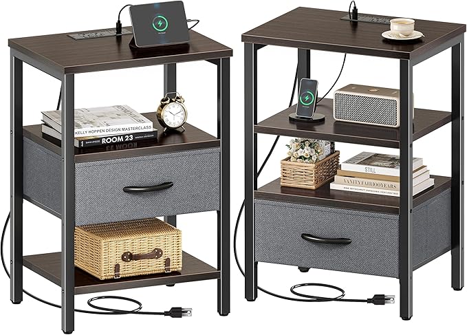 SUPERJARE Nightstand Set of 2, Bed Side Tables with Charging Station, Adjustable Fabric Drawer, Night Stand for Bedroom, 3-Tier Storage End Tables, Walnut, 8694NC