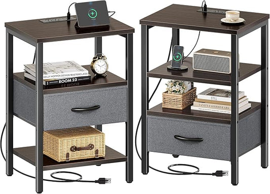 SUPERJARE Nightstand Set of 2, Bed Side Tables with Charging Station, Adjustable Fabric Drawer, Night Stand for Bedroom, 3-Tier Storage End Tables, Walnut, 8694NC