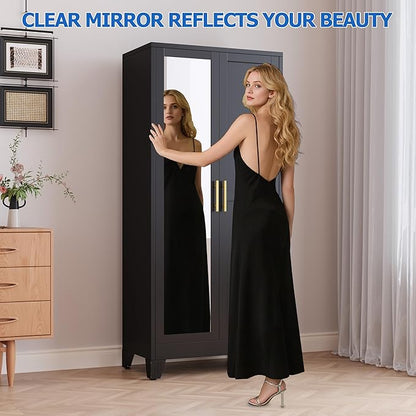 Metal Wardrobe Cabinet with Mirror and Hanging Rod, 71" Metal Clothing Storage Cabinets with 2 Doors and Adjustable Shelves, Black Armoire Wardrobe Closet for Bedroom, Laundry Room, Cloak Room
