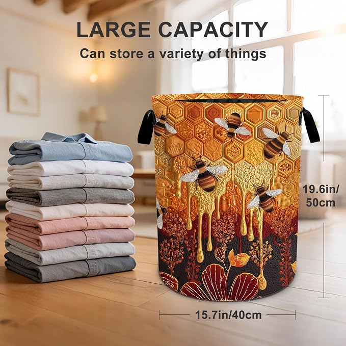 Bee Laundry Basket Waterproof Laundry Hamper Foldable Laundry Bag with Handles for Bedroom, Bathroom, Office, Clothes Storage