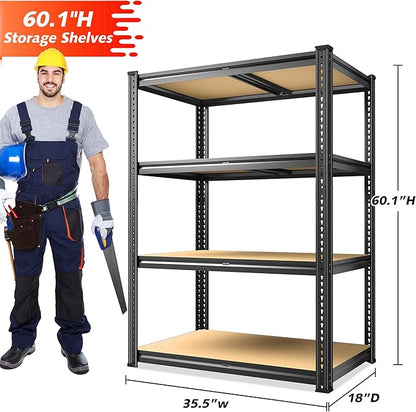 REIBII Garage Shelving 60.1" H Storage Shelves Heavy Duty 1800 LBS, 4-Tier Metal Shelving Ajustable Garage Shelves for Warehouse Basement Kitchen Pantry Closet, 60.1" H x 35.5" W x 18" D
