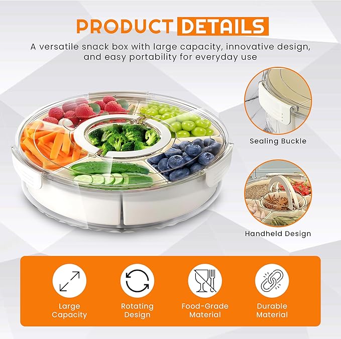 Rotating Snack Box Container - Medium Divided Serving Tray with Lid - Snack Spinner for Kids -Pie Carrier,Mess-Free Snack Container - Veggie Tray with Lid for Fridge - Spinning Snack Container