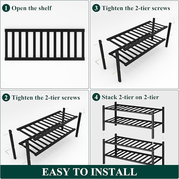 Smiry Bamboo Shoe Rack, 4 Tier Free Standing Wooden Shoe Organizer, Stackable Wood Shoe Storage Shelf for Closet, Entryway, 12 Vertical Slats, 2+2 Stack Standard Legs, 26.8"x11"x26", Black