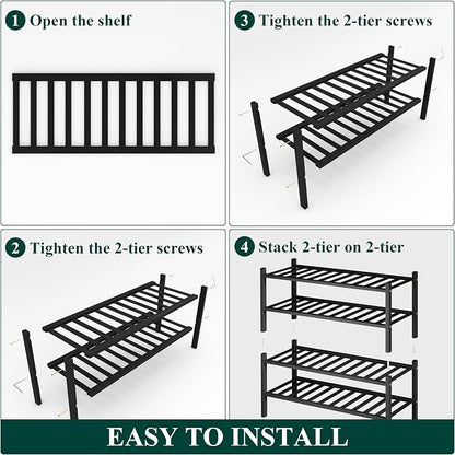 Smiry Bamboo Shoe Rack, 4 Tier Free Standing Wooden Shoe Organizer, Stackable Wood Shoe Storage Shelf for Closet, Entryway, 14 Vertical Slats, 2+2 Stack Heavy-Duty Legs, 26.8"x11"x26", Black