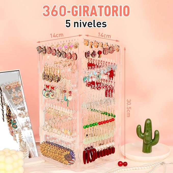 17Dec 360 Rotating Earring Holder Organizer Stand,5 Tiers Acrylic Jewelry Organizers and Storage,Stud Earring Organizers and Storage,212 Holes and 212 Grooves for Earrings Necklaces chain bracelet